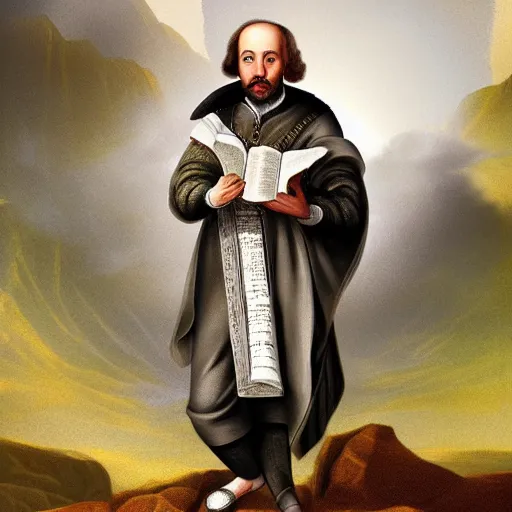 Image similar to shakespeare holding the ten commandments on top of a mountain, digital art