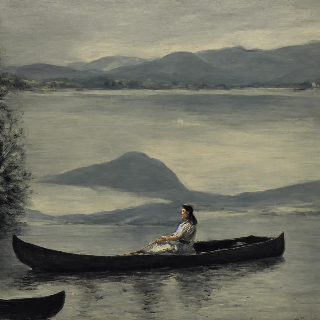 Image similar to one beautiful woman sitting in canoe on the hudson river, mountains in mist in the background, oil painting, style of george bellows