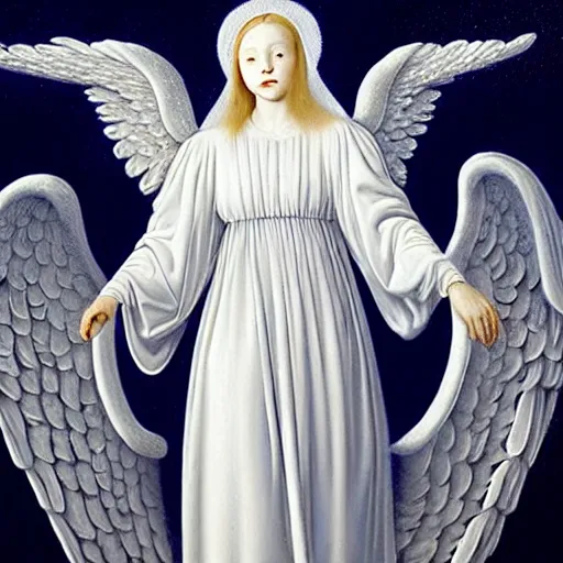 Image similar to highdetailed hyperrealistic painting of white angel!!! no gender smiling noface!!!, light instead of hands, white sparkles everywhere, 4 k hd face!!!, big silver high detailed wings!!!, renaissance, by jan van eyck, holography space, glow effect, large strokes, monochrome!!!!!