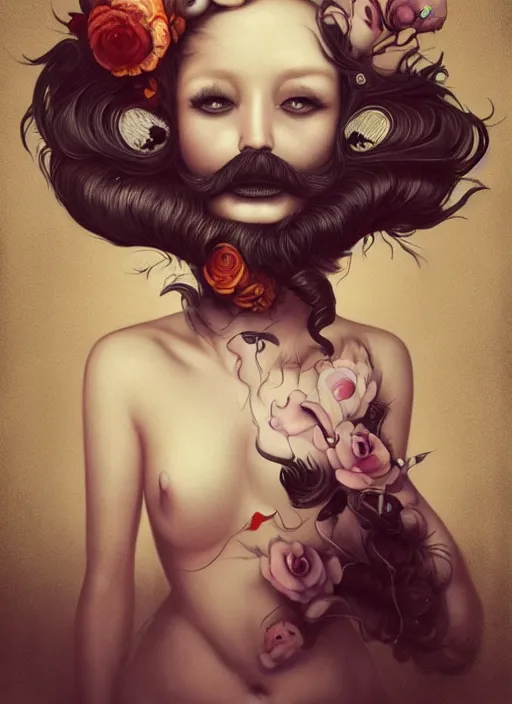 Image similar to pop surrealism, lowbrow art, realistic cute man with beard painting, japanese street fashion, hyper realism, muted colours, rococo, natalie shau, loreta lux, tom bagshaw, mark ryden, trevor brown style,