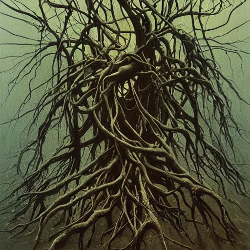 Image similar to ward - winning painting of pitch black, tar - like, shadow roots with lots of tendrils spreading everywhere, intricate detail, deep black roots, infestation, shadowy, lovecraftian, beksinski