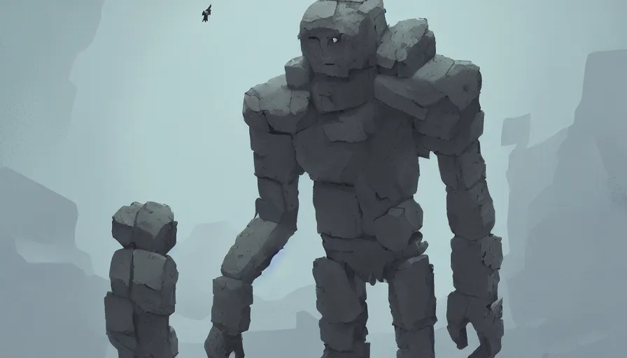 Image similar to stone golem, true evil, dormant, broken, calling a traveller nearby, sharp focus, james gilleard, cinematic, game art, extremely detailed digital painting, print