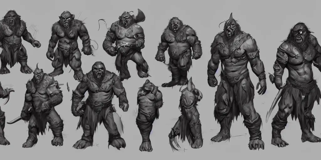 Image similar to a bunch of orcs character designs for a video game, concept art by senior character artist, artstation contest winner, full body