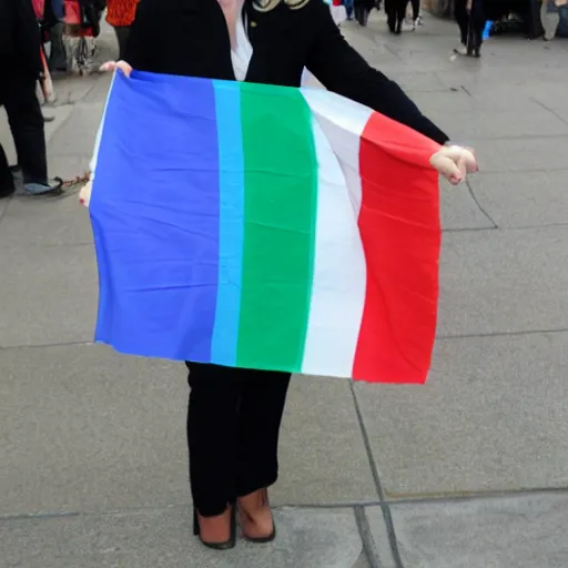 Prompt: a photo of JK Rowling holding a trans flag, flickr