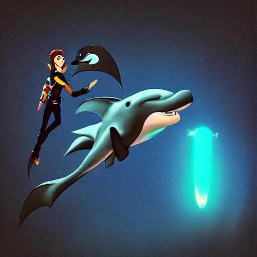 Image similar to “ dolphin in the style of how to train your dragon holding laser gun, floating alone, with a black background, digital art, award winning, trending on art station, retro style ”