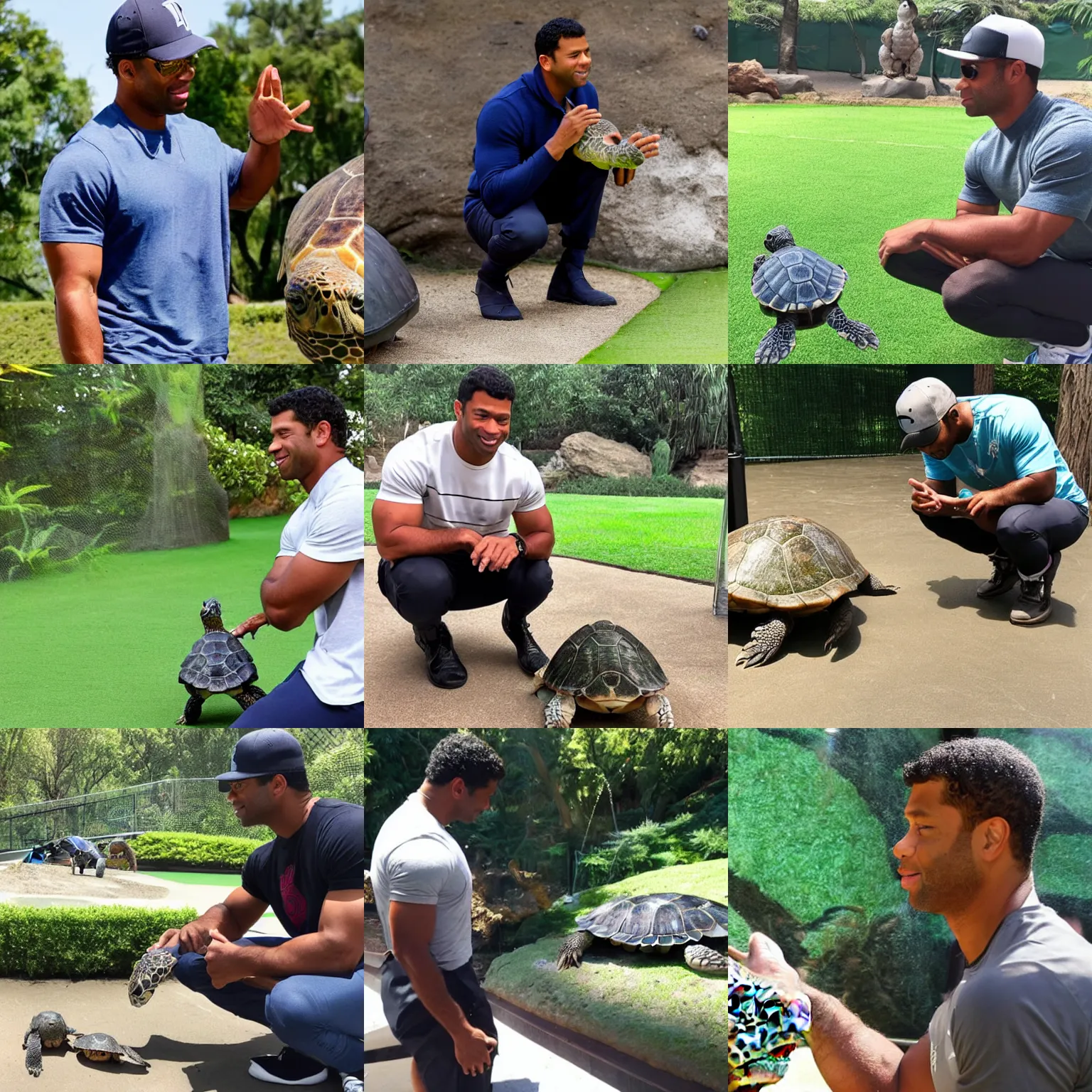 Prompt: russell wilson looking at a turtle at the zoo