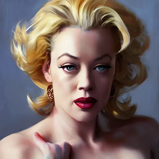 Prompt: Portrait of a 25 year old Jeri Ryan as Marilyn Monroe by Ruan Jia and Mandy Jurgens and Artgerm and william-adolphe bouguerea, highly detailed, trending on artstation, award winning,