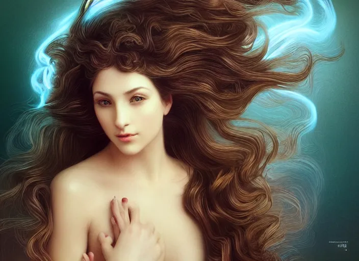 Prompt: an elegant goddess with luminous hair, flowing lightpainting swirling around her, highly detailed, ultrafine hyperrealistic detailed face, mouth parted, photorealistic, neon rim lighting, reflections, smooth, sharp focus, ultrawide, final fantasy, art by irakli nadar and lindsay adler and dani olivier and michael bosanko and adolphe bouguereau