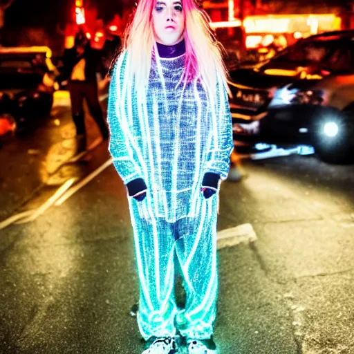 Prompt: billie eilish in the street, explosion of neon lights