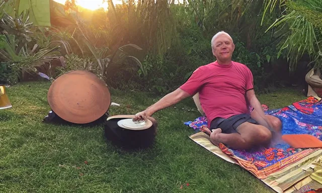 Image similar to My dad just took a hit from the bongo and have good time being gracefully relaxed in the garden, sunset lighting