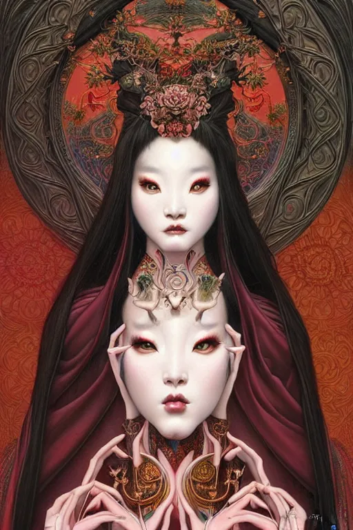 Image similar to symmetrical painting, a beautiful female immortal in transitional chinese dress, pretty, perfect face, elegant, ornate, luxury, elite, matte painting, by artgrem, by james jean, by brian froud, by wayne barlowe