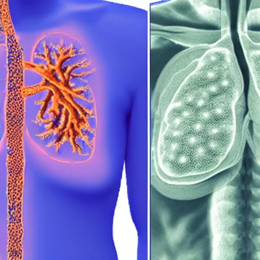 Image similar to computed tomography scan of the thorax with areas of fibrosis in the lung