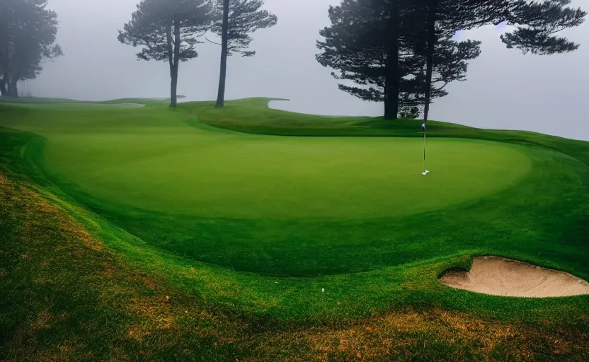 Image similar to a great photograph of the most amazing golf hole in the world, rainy day, cliffs by the sea, perfect green fairway, human perspective, ambient light, 5 0 mm, golf digest, top 1 0 0, fog