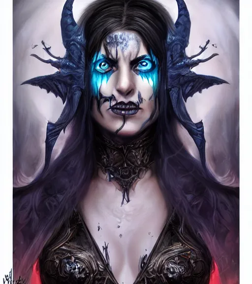 Image similar to a higly detailed airbrush full body shot and face portrait painting of a grim female sorceress with piercing eyes beautiful eyes, dynamic lighting, ambient lighting, deviantart, art by artgerm and simon bisley and karol bak