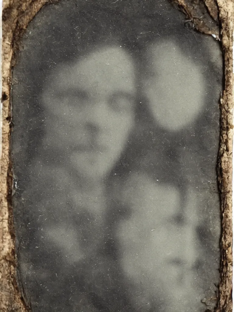 Image similar to found tintype photograph. a ghost's face in a tudor house window