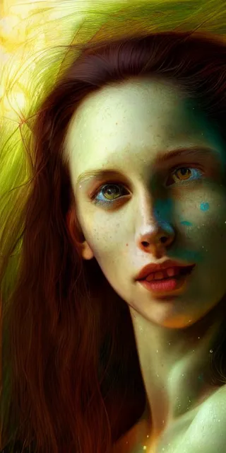 Image similar to infp young woman, smiling amazed, golden fireflies lights, amidst of nature fully covered, long red hair, intricate linework, accurate green eyes, small nose with freckles, oval shape face, realistic, expressive emotions, dramatic lights mystical scene, hyper realistic ultrafine art by artemisia gentileschi, caravaggio, jessica rossier, boris vallejo