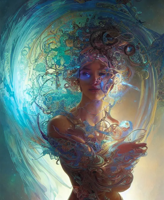 Prompt: a whirlwind of souls rushing inside the metaverse, half body, glowin eyes, jewelry, insect, lizard, d & d, fantasy, intricate, elegant, highly detailed, colorful, vivid color, digital painting, artstation, concept art, art by artgerm and greg rutkowski and alphonse mucha and ruan jia