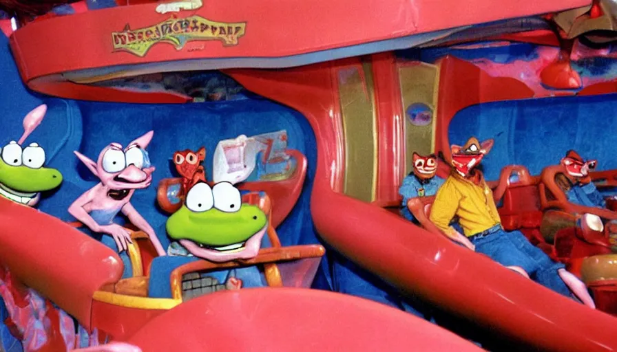 Prompt: 1990s photo of inside the Ren & Stimpy show ride at Universal Studios in Orlando, Florida, children riding through the space ship episode with Ren, Stimpy, Log and soap , cinematic, UHD