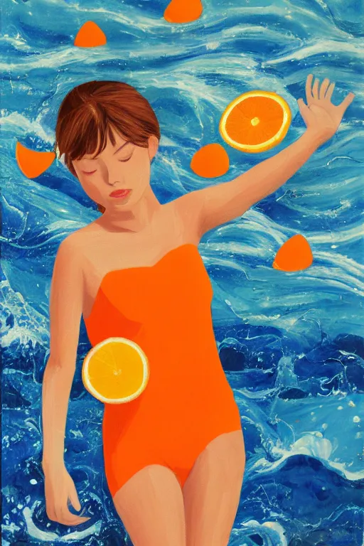 Image similar to a Acrylic painting of a girl ,summer ,water,wave , orange and orange slices,blue theme and Yellow accents,Colour composition by Kenya Hara