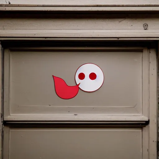 Image similar to A door inside a french college building with a sticker on it of the Red Bird Studios logo, the door is slightly opened with a pair of eyes peeking through the gap