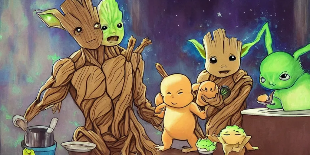 Image similar to Groot and baby Yoda eating an ice cream while watching Pikachu dance, very detailed picture, very detailed and beautiful lighting