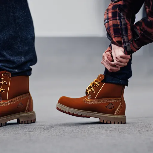 Prompt: hyperrealistic among us crewmate with timberlands