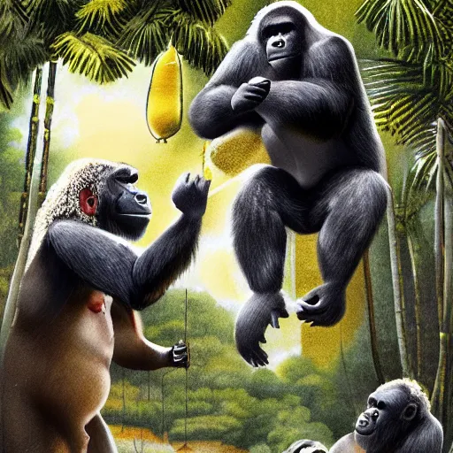 Prompt: gorilla and kangaroo boxing, on a flying banana in the sky, high quality, highly detailed, photorealistic,