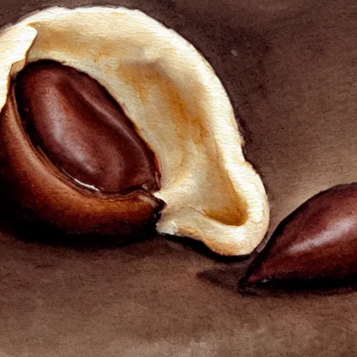 Image similar to a hazelnut next to a blob of milk chocolate, white background, macro, ultra detailed, intricate, sharp focus, watercolour illustration by John Singer Sargent, 8K