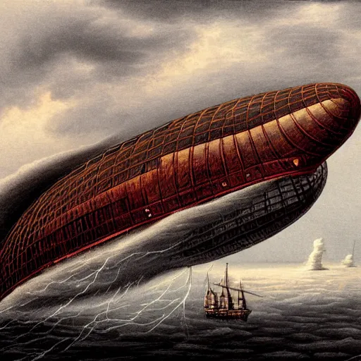 Prompt: victorian airship flying into a violent thunderstorm, red gold gray, rich, highly detailed, realistic, illustration