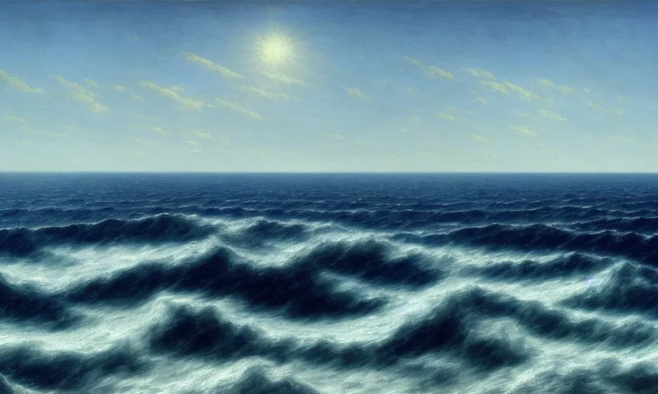 Image similar to a cinematic hyperrealism highly detailed photograph of blue ocean, by caspar david friedrich, trending on artstation