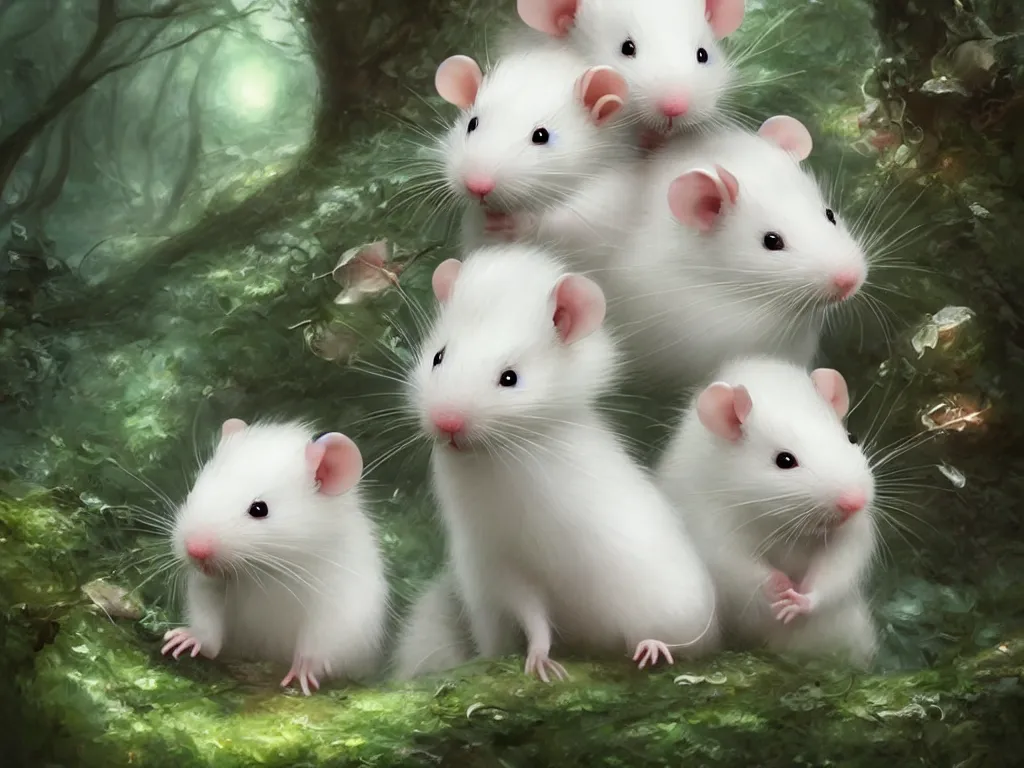 Image similar to two cute white rats in the dreamy forest, fantasy, dreamlike, 8 k resolution, hyper detailed, d & d, character design, digital painting, trending on artstation, sharp focus, illustration, art by artgerm, viktoria gavrilenko, hoang lap, fuji choko, steve zheng