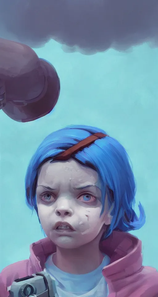 Prompt: little angry girl with blue hair, art by Simon Stalenhag, trending on Artstation, CGSociety