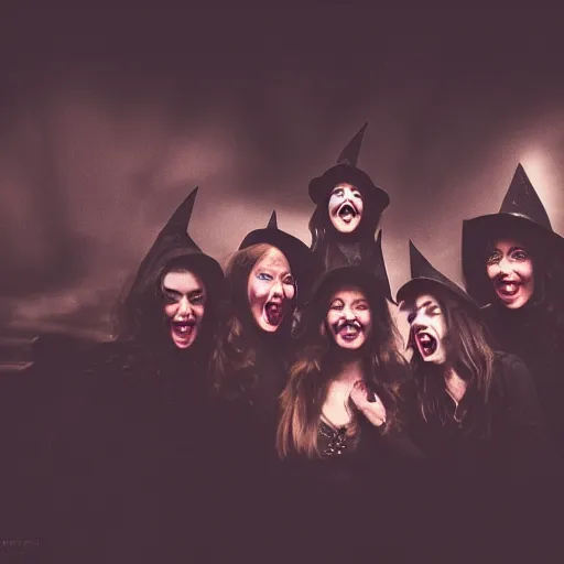 Prompt: a coven of witches, laughing and eagerly making fun of the camera!!!!!, fisheye!!!!! lens photography, lens distortion, chromatic aberration!!!!!, cgsociety contest winner, best on artstation, photorealistic photography, grim lighting, foreboding atmosphere, dark, nighttime, 4 k, 8 k