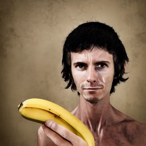 Image similar to dirty scrawny pilgrim holding a banana