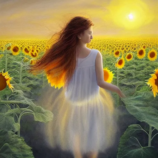 Image similar to a dreamy vision of girl levitating over amazing tall sunflower field, hair flowing, fog, early morning lightning, subtle, intricate details, real masterpiece, oil on canvas, by somsak anong