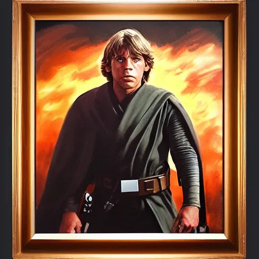 Image similar to An ultra realistic portrait painting of luke skywalker in the style of Frank Frazetta, 4k, Ultra realistic, Highly Detailed, Dark Fantasy, Epic Lighting