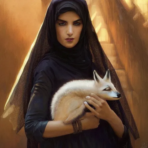 Image similar to a Photorealistic dramatic hyperrealistic render of an arab ameera al taweel, blue eyes, black hair, with a pet fox white veil,by WLOP,Artgerm,Greg Rutkowski,Alphonse Mucha, Beautiful dynamic dramatic dark moody lighting,shadows,cinematic atmosphere,Artstation,concept design art,Octane render,8K