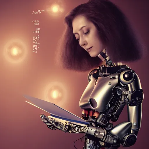 Image similar to a beautiful intricate fine art portrait photo of a happy mechanical futuristic cybernetic female cyborg reading a letter of admission held in her hands, by tom bagshaw and zach sutton, eyes light up, happiness!, perfection!, studio lighting, golden ratio composition, 50mm lens, bionic, cybernetic scifi, deep depth of field, artstation, 8K