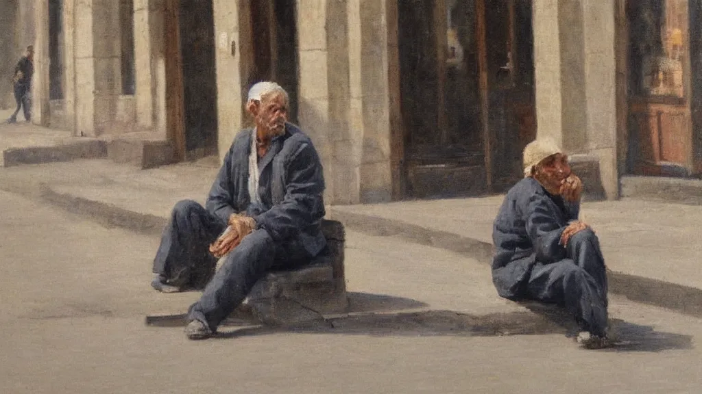 Prompt: man sitting in the street. realism