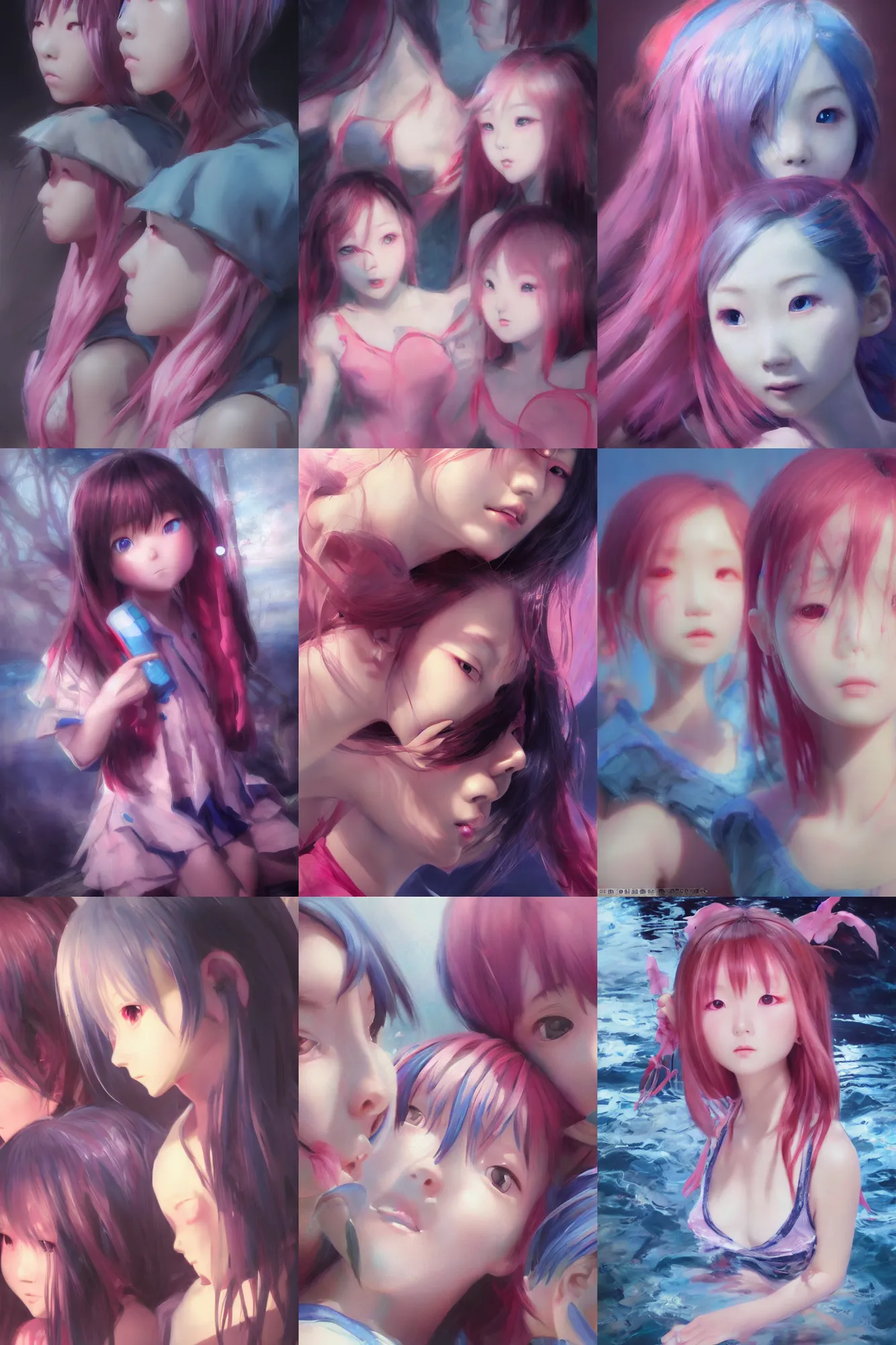 Prompt: 3d dark infrared octane render concept art by D. Jun, by Mo Xiang Tong Xiu, by Igarashi Daisuke, beauty portrait anime drowning schoolgirls under dark pink and blue water. cute face. dramatic deep light, trending on artstation, oil painting.