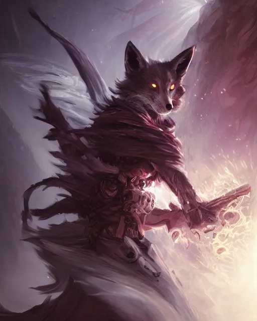 Image similar to Dark Fox Mage, spell, fog, magic the gathering artwork, D&D, fantasy, cinematic lighting, centered, symmetrical, highly detailed, digital painting, artstation, concept art, smooth, sharp focus, illustration, volumetric lighting, epic Composition, 8k, art by Akihiko Yoshida and Greg Rutkowski and Craig Mullins, oil painting, cgsociety