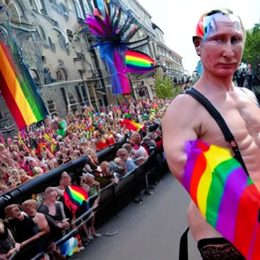 Image similar to putin at gay pride. leather chaps, joyful, carnival, floats, banners, dancing,