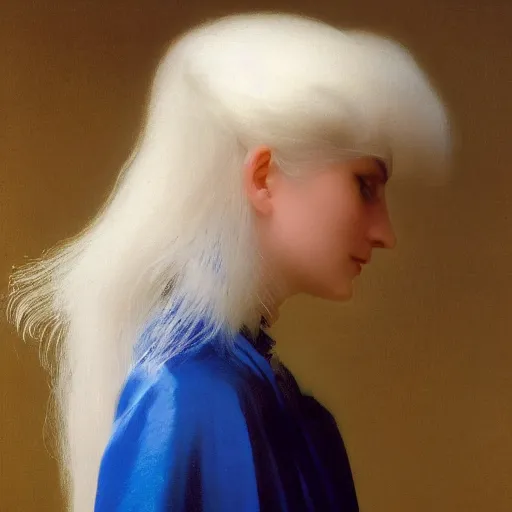 Image similar to a young woman's face, her hair is white and she wears a cobalt blue satin cloak, by ivan aivazovsky and syd mead and moebius and gaston bussiere and roger dean and pieter claesz and paul delaroche and alma tadema and aelbert cuyp and willem claesz, hyperrealistic, volumetric light, octane render