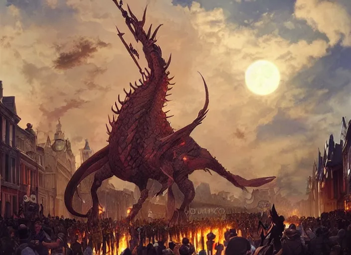 Prompt: giant nordic hell dragon attacking a victorian town during a parade, highly detailed, digital illustration, artstation, concept art, matte, sharp focus, illustration, dramatic, full moon, art by artgerm and greg rutkowski and alphonse mucha
