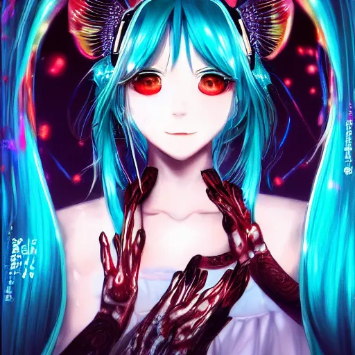 Image similar to portrait a hatsune miku, light effect, anime style hyper detailed, illustration, bloody, intricate, elegant, digital painting, artstation, smooth, sharp focus, art by leonardo da vinci.