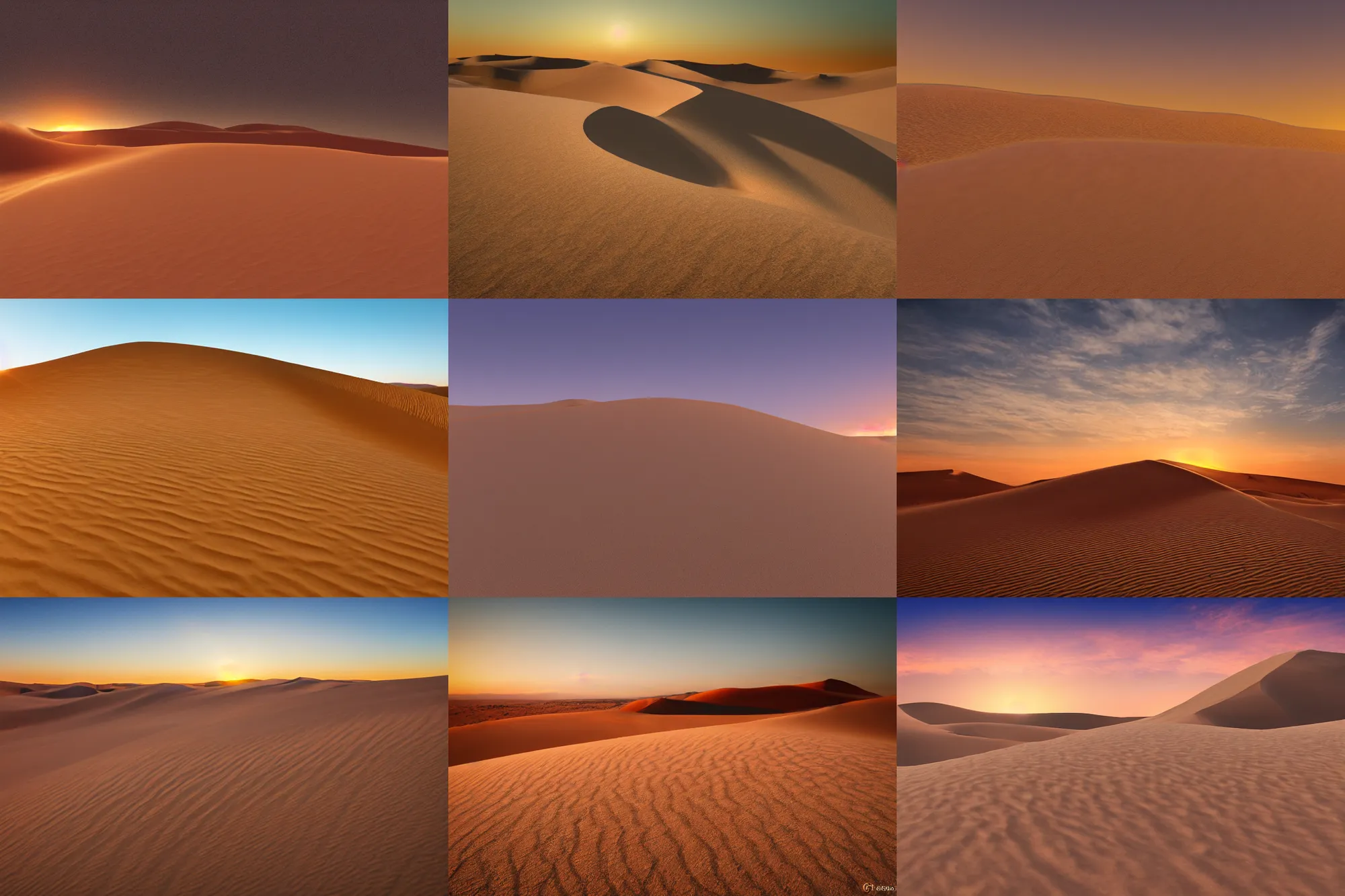 Prompt: sunset over a sand dune in the desert, oasis, sand, photorealistic, 8k