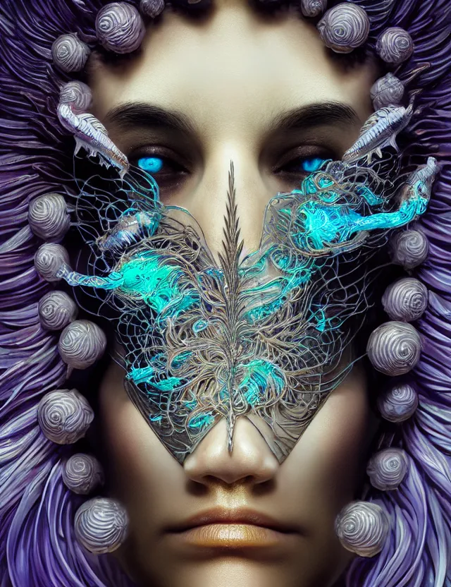 Image similar to goddess macro close - up portrait with mask made of ram skull. betta fish, jellyfish phoenix, bioluminiscent, plasma, ice, water, wind, creature, super intricate ornaments artwork by tooth wu and wlop and beeple and greg rutkowski