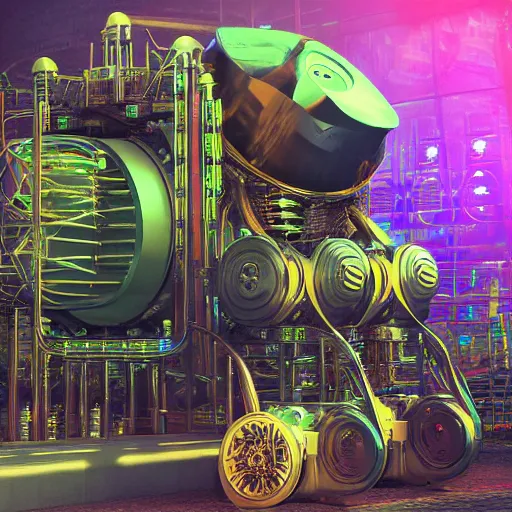 Prompt: album art, tripmachine, album is called tripmachine, photo of a huge steampunk generator, 8 k, fluorescent colors, halluzinogenic, multicolored, exaggerated detailed, front shot, 3 d render, octane