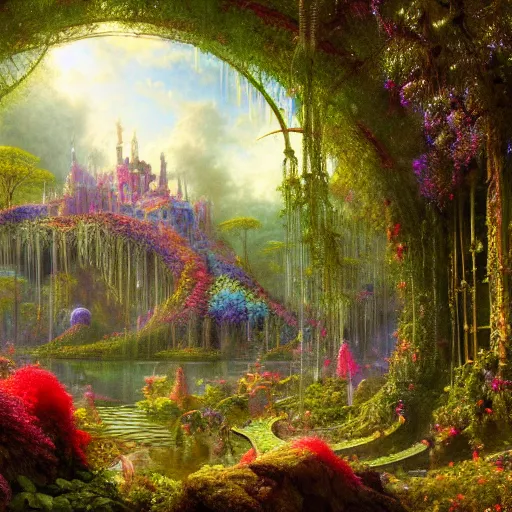 Image similar to a beautiful and highly detailed matte painting of a beautiful dream palace in a magical fantasy forest garden, colorful flowers, psychedelic, epic scale, insanely complex, hyperdetailed, sharp focus, hyperrealism, artstation, cgsociety, 8 k, bright colors, by caspar friedrich, albert bierstadt, james gurney, brian froud,