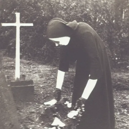 Image similar to antique photograph of an evil catholic nun digging out human bones in a graveyard, night, blurry, mysterious, horror real photo,